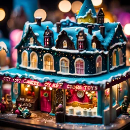 Close-up photograph of a diorama building, city, store, advertising, land-of-toys with detailed vintage toys made of cake-frosting and felt, strong texture, extreme detailed, movie shot, rich moody colors, sparkles, night, nightmare