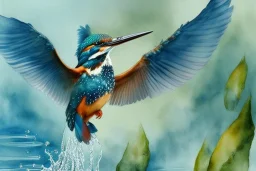 A beautiful kingfisher diving into water. Highly detailed, smooth colours, realistic landscape. Aquarell