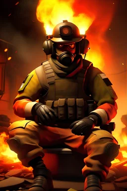 Doc from rainbow six siege sitting in fire