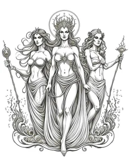 The Fates (Clotho, Lachesis, and Atropos).. realistis tatto sketch style, white background, profesional tatto sketch