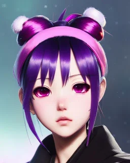 Detailed cute anime Kunoichi Christmas girl, purple hair buns, purple bangs, Christmas style colours, intricate details, full body portrait, keep head in frame, slight smile, black Japanese motif, concept art, highly detailed, digital painting, concept art, sharp focus, illustration, art by Yoji Shinkawa, WLOP and greg rutkowski and alphonse mucha and artgerm and yanjun Chen and Junji ito and Makoto Shinkai, HDR, octane render