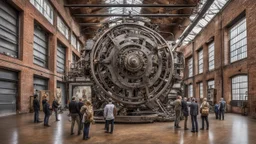 In the industrial setting a gallery opening with visitors in big old tall factory, in the front stands an human-machine big metal sculpture from handmade recycled objects, industrial art, devian art, metal textures, in background on the bricks walls pictures from steampunk things and abstract paintings, visitors watching pictures and sculpture, sharp focus, high detailed, beautifully shot, hyperrealistic, perfect composition