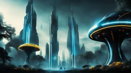 tron legacy movie, creatures,, space ships, city of the future, trees , forest, yellow, blue, red