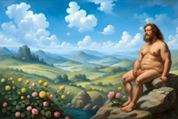 a handsome, fat man with a well-groomed, bearded face and long, curly hair. He is sitting naked on a rock, surrounded by a picturesque valley adorned with pink and yellow rose flowers. The spring sky above is adorned with breathtakingly beautiful clouds. like oil paintings 19th century