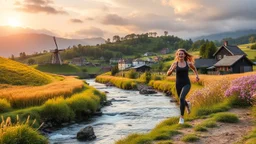 a village over high grassy hills,a small fall and river and wild flowers at river sides, trees houses ,next to Ripe wheat ready for harvest farm,windmill ,a few village local shops ,cloudy sun set sky, a beautifull lady in sports pants and top shirt runimg to camera along river side