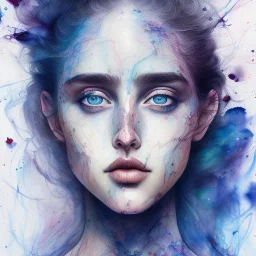 singer Danish MØ face, watercolor illustration by <agnes cecile> <Jackson Pollock>, darkblue tones,intricate detail , soft smooth lighting, soft pastel colors,