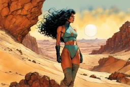 create a fine art print full body illustration of a rugged gritty, roughly textured Fremen female sayyadina with highly detailed feminine facial features, traversing a a rocky outcrop amidst the desert sands of Arrakis, dusty, gritty, in the comic book art style of Bill Sienkiewicz, and Jean Giraud Moebius, finely textured, drawn, colored, and inked,