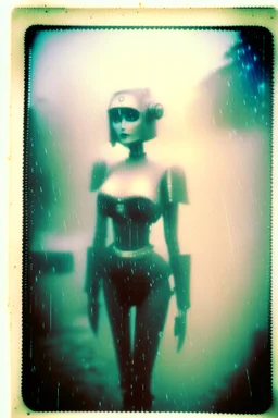 steampunk, vintage analog polaroid of a woman robot, female body, fog, lomography, heavy film grain, rain, color bleed, depth of field, bokeh, retro