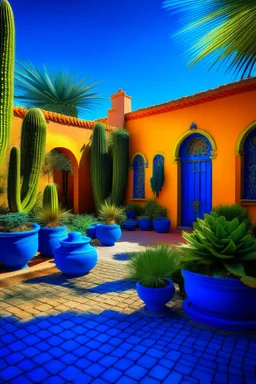 The serene Majorelle Garden in Marrakech, detailed, hyper realistic image. The garden is filled with exotic plants, vibrant blue pathways and buildings, yellow pots, water features, and a collection of cacti. A sense of peace pervades the scene.