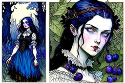 Gothic portrait of a young woman in the style of Arthur Rackham and Norman Rockwell. She has dark blackish blue hair and there are blueberry plants around her. Piercing blue eyes. Steampunk Wednesday Adams