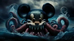 kraken octopus mickey mouse hybrid, photorealism, horror, evil, hungry, high resolution,