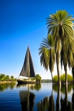 One tall date palm tree on the river bank and on the other side of the river a sailing boat and trees , great photography, 8k , high quality. A beautiful clear blue sky in the background