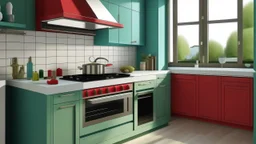 kitchen with celadon red furniture, on the left side by the window from the bottom up, a microwave and an oven installed in the furniture, and on the right side and next to it an induction hob and a cooker hood above it, on the right side there is a sink and a dishwasher underneath it