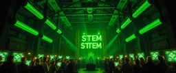 master oil painting by Rembrandt, giant industrial halls green tube lighting choir vocals ancient-celtic-meets-cyberpunk imagery synchronized mechanical drumming flickering CRT screens saying SYSTEM STABLE