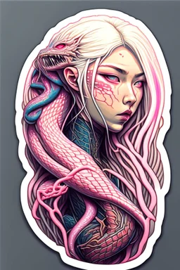 a sticker of a woman with a long hair and a snake's head, dan mumford and alex grey style, trending on artstaion, pink skin, portrait of anime woman, inspired by Karol Bak, porcelain looking skin, connectedness, twitter pfp, yosuke ueno, blonde girl, anatomically perfect, biopunk armor