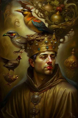 painting of a skinny surreal medieval man with a crown and birds on his head, heather theurer, an overweight, a beautiful artwork illustration, bitter, bells, carson ellis, catholic religious art, caretaker, nun, around a neck, daniel lezama painting style, dunce, whimsy, mark brown, monk