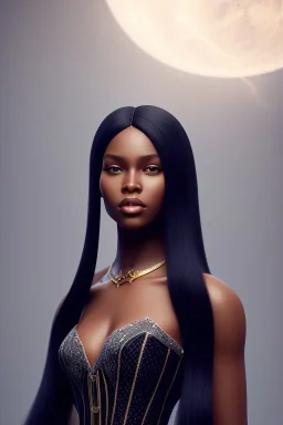 A portrait of a beautiful youthful black woman, wearing a corset, long silky black hair in ponytail, wizard, magical, ethereal, soft bright lighting. Concept art by wlop. Ultra quality 8k.