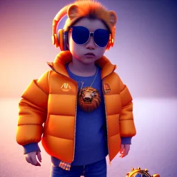 Lion toddler, smile, steampunk headphone, sunglass, gangsta neckless, full body, orange puffer jacket, tokio background, dramatic lighting, hyper realistic, unreal engine 5, 16k