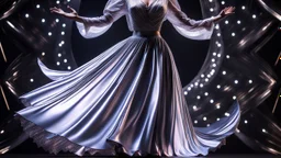 a 3d fractal stage structre made of metallic dark color 3d structures, pertty artistc background,dynamic lights,a beautiful lady in pretty maxi skirt and blouse dancing on stage