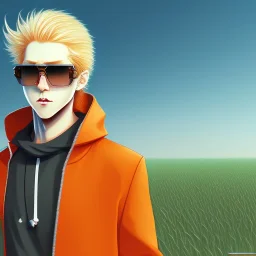 a man in a orange coat is standing in a field, blonde hair, black sunglasses, concept art by Hiromu Arakawa, featured on pixiv, superflat, official art, anime, 2d