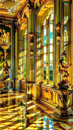 A beautiful image of the windows of the luxurious palace hall with two winged angel statues