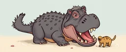 crocodile hippo with fluffy hair, doing dog things and eating small dog