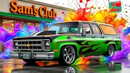 suped up 1979 chevy stationwagon green with black flames outlined with a thin red pinstripe, in front of Sam's club, SuperSport car, impressive, VIP, award winning, detailed a colorful splash of steampunk bubbles , amazing splashscreen artwork, photoshop water art, liquid painting, swirling paint colors, ink splash, physics splashes of colors, colorful swirls of paint, paint splashes, swirling paint, painting of splashing water, splashes of liquid, cgsociety saturated colors, trend on behance 3d