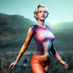 Realistic image, retro sci-fi, portrait, waist up view, blonde woman, sweet Marylin Monroe face, perfect iris, glow eyes. tight lycra tights suit, epic style, vibrant color, highly detailed, unreal engine 5, ray tracing, RTX, lumen lighting, ultra detail, volumetric lighting, 3d, finely drawn, high definition, high resolution.
