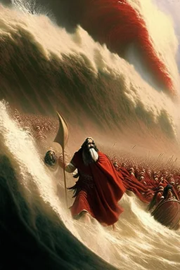 Moses parts the red sea while the Isrealites flee the Egyptian chariots