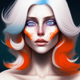 fantasy setting, woman, two-toned streaked orange and white hair, ranger, freckles, more white hair locks