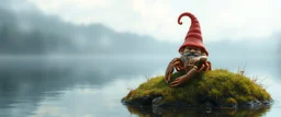 airbrush rendering, close up mushroom lobster gnome on small island in lake, pinhole cam