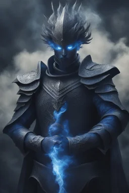 blue smoke in a shape of humanoid of colour of a storm wearing a scalemail armor