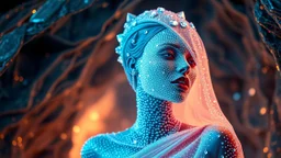 Gorgeous woman created from diamond, silk, diamonds, gems, sparkling dots, in crystal cave background, style Darek Zabrocki, magic realism, gradient colors, cinematic lighting, bokeh, Ultra-detailed Quality 3D, 3d render octane, Unreal engine 5 effects, VFX, Isometric, Made in blender, 8k sharp focus, cinematic, ultrahd, highly detailed, ultra photorealism fantasy