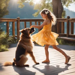 very beautiful realistic 10 years old girl dancing with a furry Dog