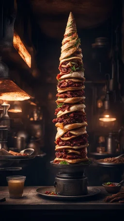 Si-Fi, The permanent under atmospheric lighting effects, , Shawarma is meat stacked in a cone-like shape on a vertical rotisserie.intricate historical moody atmosphere, eerie grimdark ambiance, complex motherboard accents, speculative fiction art. Bokeh
