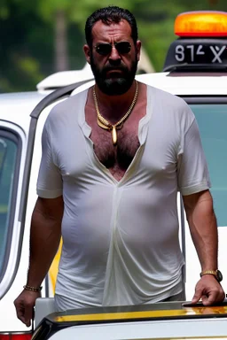 full body shot photography of an Italian sicilian taxi driver burly ugly sitting in the taxi, chubby tired 55 years old driving shirtless, bullneck, thin gold chains, short beard, sweat, short hair, bulge, robust, manly chest, looking down, big shoulders,, photorealistic, side light, ambient occlusion, tired eyes. 35mm lens, internal view inside the Taxi