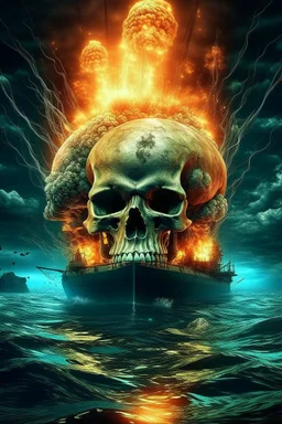 an explosions in side crystal human skull brain and huge fire behind a nuclear submarine under the water ocean water in all the picture and the on the background