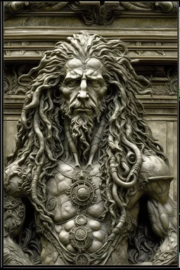 sculpture of handsome man with long curly hair and a lion , half the f his body , front view . decayed and rotting with grotesque proportions and imagery. abstract grotesqueries, detailed texture, surreal horror, biomechanical design, by hr giger and beksinski