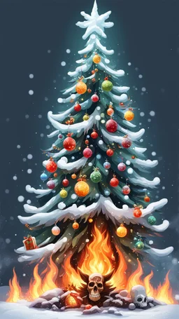 Christmas tree snow , Merry-x-mas decoration, tree, cartoon, Underworld, fire and smog, Skull