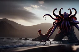 Cthulhu rising, dark, ocean, mist, mountains in background, massive