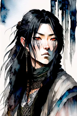 ink wash and watercolor illustration of an Anime ancient grizzled, gnarled female vagabond wanderer, long, black hair streaked with grey, highly detailed facial features, sharp cheekbones. Her eyes are black. She wears weathered roughspun Celtic clothes, emaciated and tall, with pale skin, full body , thigh high leather boots within a forest of massive ancient oak trees in the comic book style of Bill Sienkiewicz and Jean Giraud Moebius , dramatic natural lighting, rich, vibrant colors