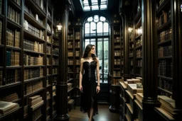 full-height shot of a woman in a tight black dress, inside a large magic book shop, books, bottles, windows