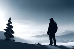 photorealistic silhouette of a man looking into distance of a snowy landscape
