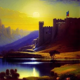 Drawing of 'Medieval Romanian Castle',mountain,lake,full moon, by gaston bussiere, greg rutkowski, yoji shinkawa, yoshitaka amano, tsutomu nihei, donato giancola, tim hildebrandt, oil on canvas, cinematic composition, extreme detail,fit full head inside picture,16k