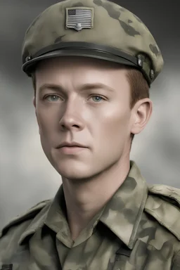 facial portrait - Band of Brothers, 20-year-old Scott Grimes as Technical Sergeant Donald Malarkey, WWII camouflage battle dress uniform, Professional quality full color photography by Ansel Adams - 4k UHD, Ultra-realistic, Hyper realistic, Photorealistic, Realistic, absolute Reality