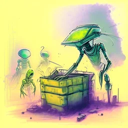 crate an Alien environemt with some aliens doing daily task work, watercolour painting