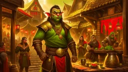 rich orc, luxury clothes, tavern in the background, gold coins