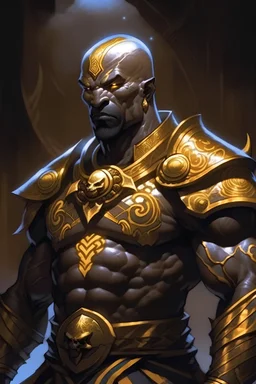 A Goliath (D&D breed), tall, muscular, dark gray skin and bald. He has several white tribal tattoos. He wears a heavy armor of golden color. He has a very serious look. In the image you have to see at least half a bust. The style of the image is oil painting, in fantasy style.