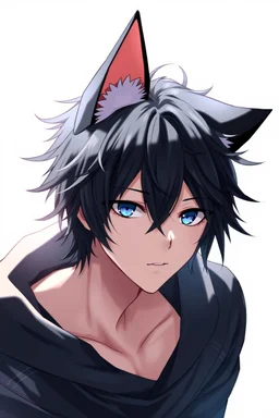 An anime man with messy black hair, black cat ears on his head, blue eyes. Realistic