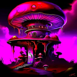 A fantabulous black, red, and purple (((mushroom tower house))) erected atop a (geologic pillar), surrounded by the uncanny imaginative ((( swirling skies))), offset by the stark hues of a (neon-tinged nebulous space scape), within. captured by the hand a skilled master painter with a focus on (softly blurred compositions and voluminous lighting).